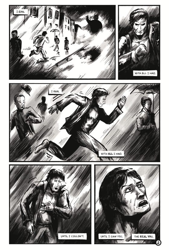A page from Dear Lucy: a man runs through the rain