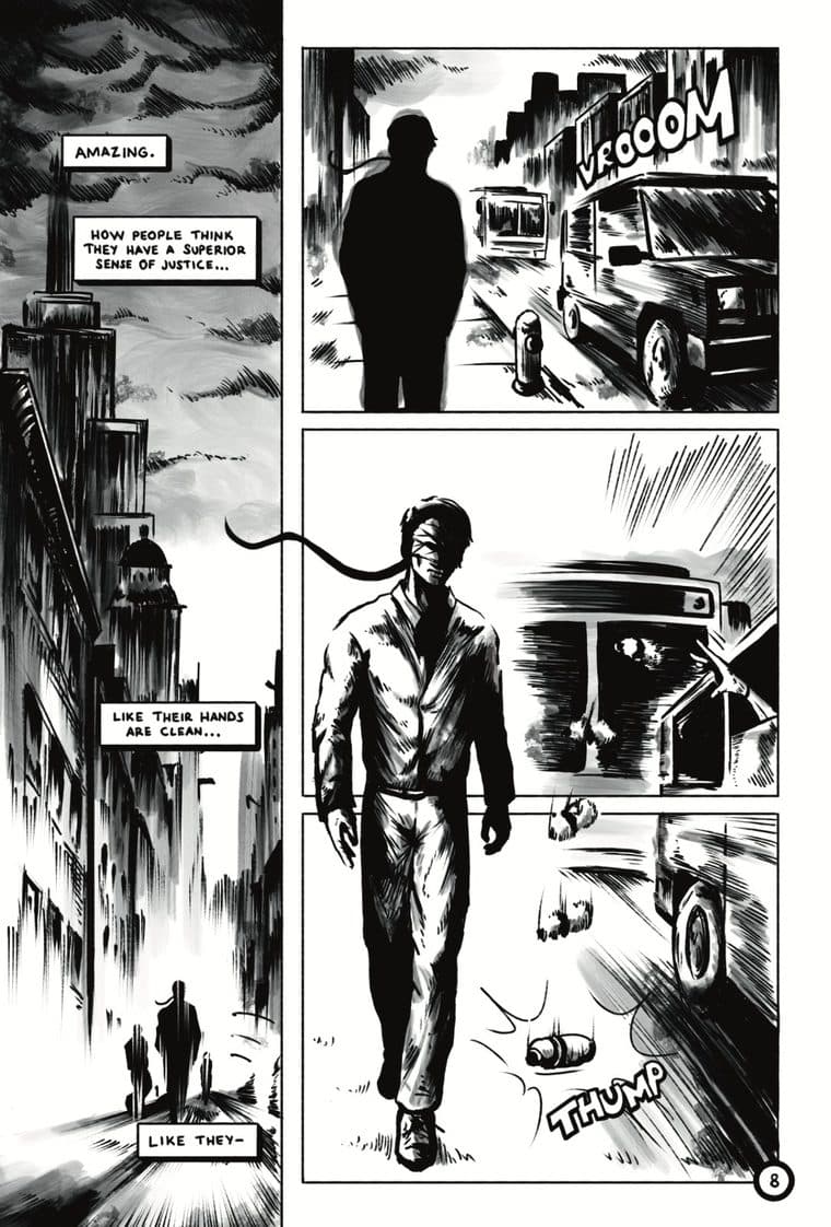 A page from Pet Peeve: a man walks out of the city toward the reader
