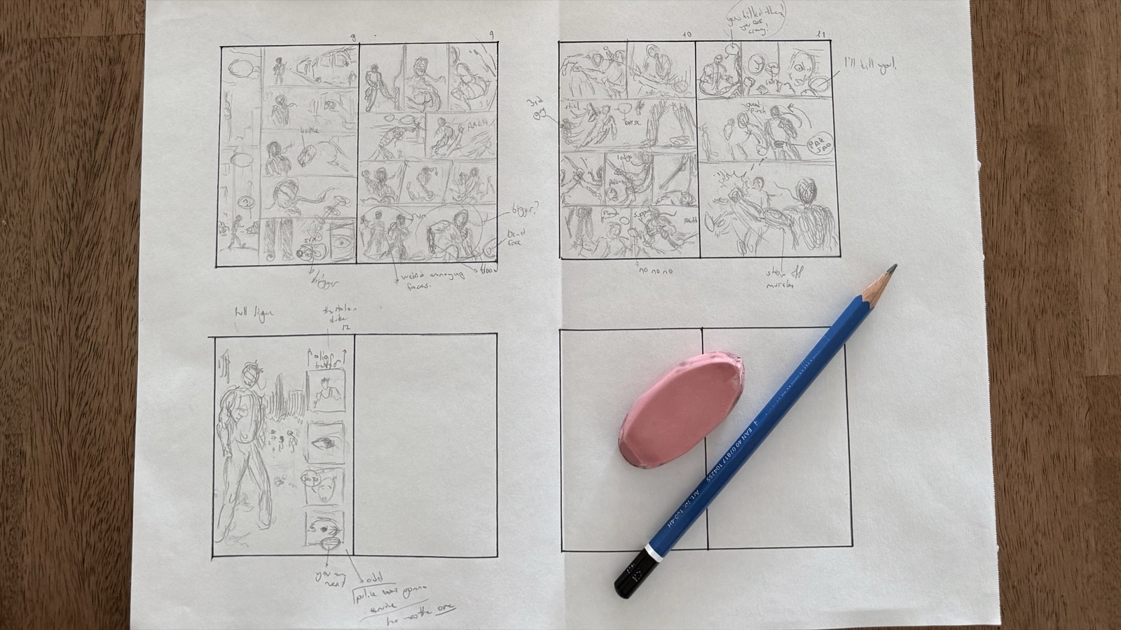 Four thumbnail page layouts sketched small on a sheet of paper, with a pencil and an eraser beside them