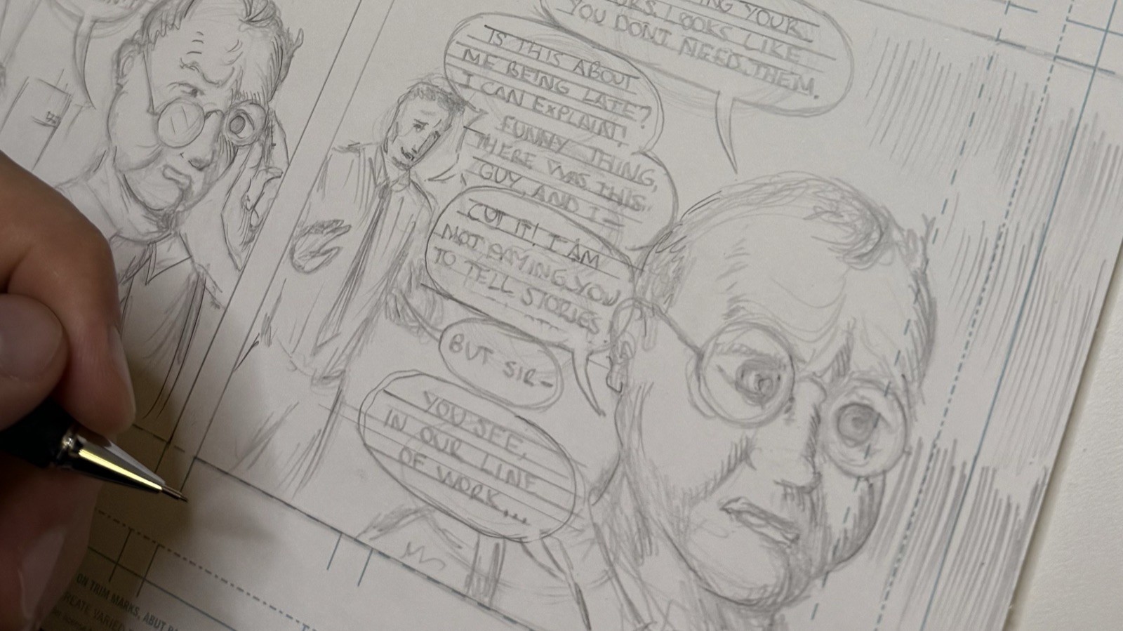 Pencilled balloons roughed onto a page over the pencils, the dialogue lettered by hand to check it fits